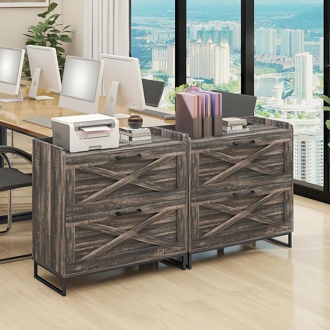 Halitaa File Cabinet 2 Drawers Lateral File Cabinet with Charging Station for Letter/Legal/A4 Size Hanging Files, Large Wood File Storage Cabinets Printer Stand for Home Office, Dark Rustic Oak