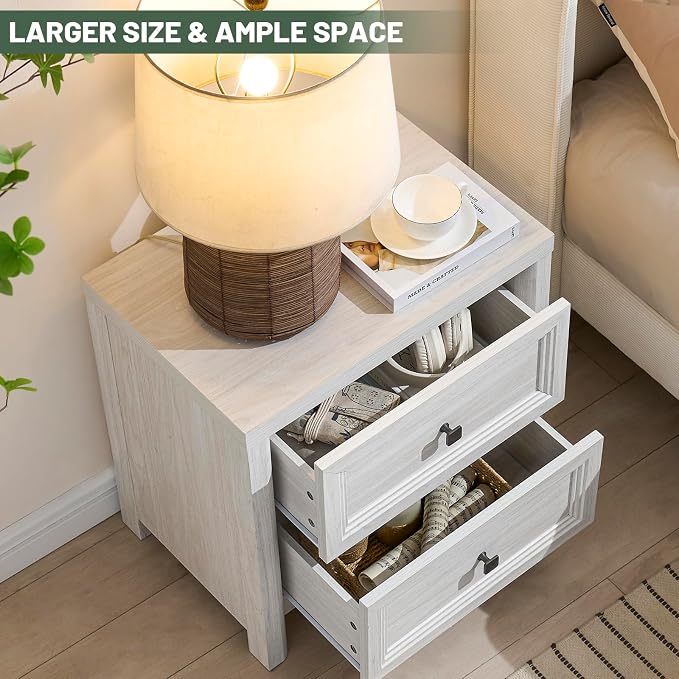 Farmhouse White Night Stands Set of 2, Bedside Tables Nightstands with 2 Drawers Storage, 22.8" Large Rustic Wood Night Stand, Bed Side Table for Bedroom Living Room Sofa Couch Office