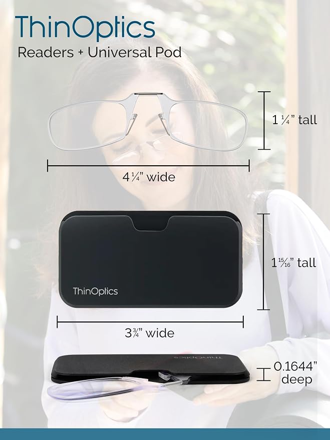 ThinOptics Reading Glasses + White Universal Pod Case | Blue Frames, 2.00 Strength Readers Blue Frames / White Case, 44 mm