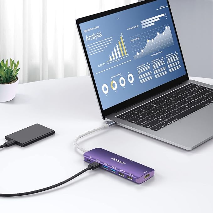 USB C Hub, 9-in-1 Multi-Port USB Adapter, 4K@60Hz HDMI, 100W Max PD, 3 USB3.0(5Gbps) + 2 USB2.0 Data Ports, SD/TF Card Reader for MacBook, iPad Pro, Dell, HP, Lenovo, Windows Laptop, Purple