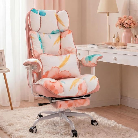 Efomao Watercolor Fabric Executive Office Chair Home Foot Rest, Pink | Soft Breathable Computer Desk Seat, Plush Comfy Cushion, Aesthetic Pastel Floral Patterns for Studio Vanity Cozy Setup