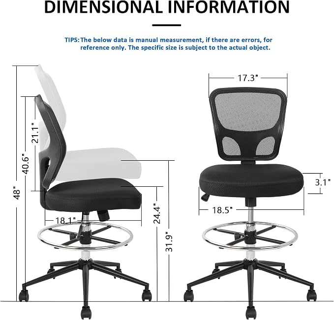 Armless Drafting Chair Tall Office Chair Adjustable Height High Back Ergonomic Desk Chair Drafting Stool Rolling Bar Stools Chairs with Footrest and Wheels