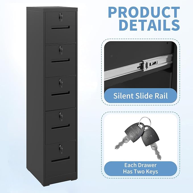 5 Drawer File Cabinet with 5 Locks, Metal Filing Cabinet Heavy Duty Vertical File Cabinets for Home Office, Steel File Storage Cabinets for Letter/Legal File Folders, Assembly Required (Black)