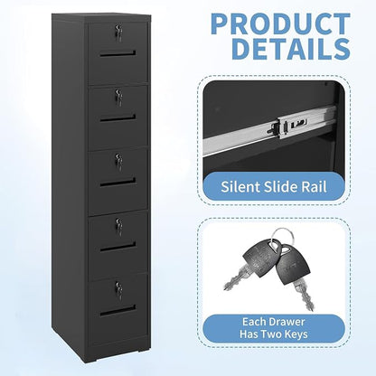 5 Drawer File Cabinet with 5 Locks, Metal Filing Cabinet Heavy Duty Vertical File Cabinets for Home Office, Steel File Storage Cabinets for Letter/Legal File Folders, Assembly Required (Black)