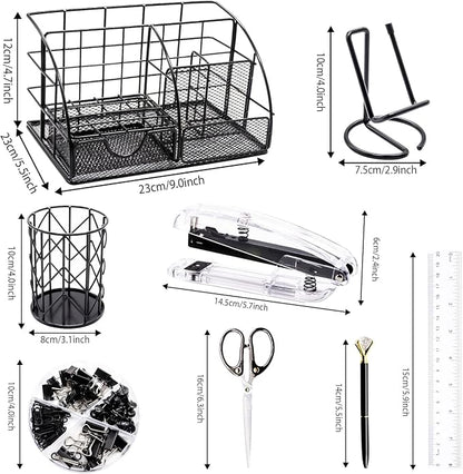 KAAKOW Black Desk Organizers and Accessories Office Supplies Set Stapler, Pen Holder, Phone Holder, Scissors, Pen, Ruler, 30 Paper Clips, 22 Binder Clip, 20 Tacks and 1000pcs Staples