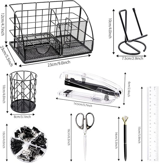 KAAKOW Black Desk Organizers and Accessories Office Supplies Set Stapler, Pen Holder, Phone Holder, Scissors, Pen, Ruler, 30 Paper Clips, 22 Binder Clip, 20 Tacks and 1000pcs Staples