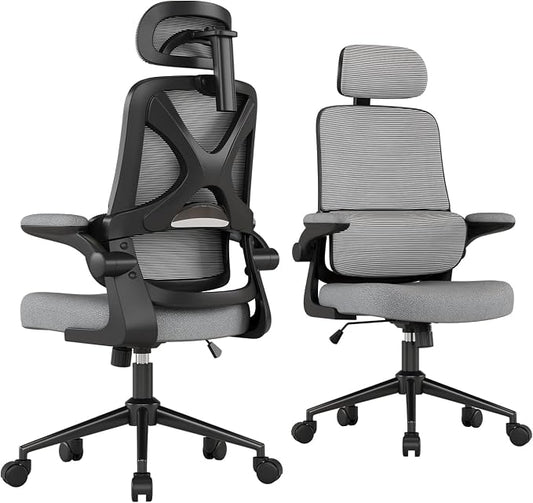 Ergonomic Office Chair - Desk Chair with Adjustable Headrest Lumbar Support Computer Chair - Mesh Comfy Chair with Flip-up Armrests - Gaming Chairs for Adults Home Office 330 LBS (Black+Gray)