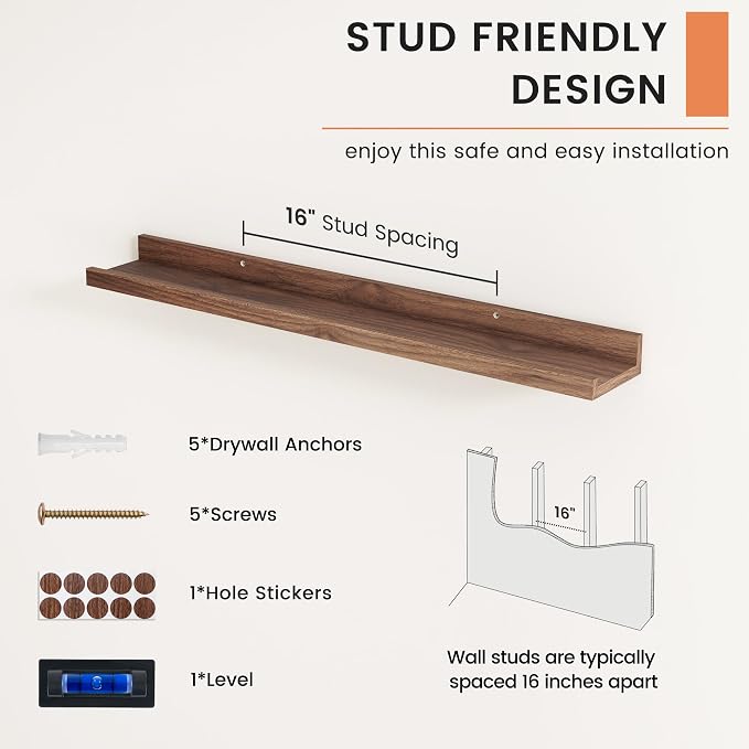 FLYJOE Picture Ledge Shelf, Floating Shelves Set of 2, 32 Inches Nursery Book Shelves for Toys Storage, Kids Bookshelf Wall Mounted for Living Room Bedroom Decor Books Photo Frames, Walnut