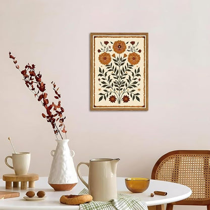Framed Vintage Mexican Floral Wall Art, Boho Flower Pictures Wall Decor, Folk Marigolds Botanical Paintings Canvas Prints Rustic Home Decor for Living Room Bedroom 16x24 inch