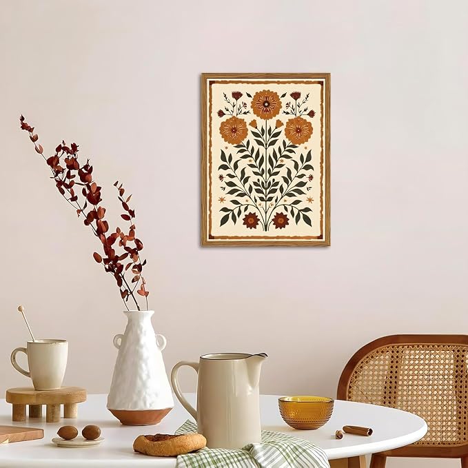 Framed Vintage Mexican Floral Wall Art, Boho Flower Pictures Wall Decor, Folk Marigolds Botanical Paintings Canvas Prints Rustic Home Decor for Living Room Bedroom 12x16 inch