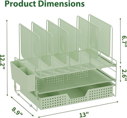 LEKETREE Green Desk Organizer, Office Organization with Vertical File Holder, File Organizer with Drawer and Pen Holder, Desk Accessories and Workspace Organizers for Home Office (Green)