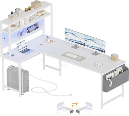Mericonia 59 inch Large L Shaped Desk with Pegboard Hutch & Shelves, Corner Gaming Desk with Power Outlet, LED Light & Storage Bag, Reversible Computer Desk for Home, Bedroom, Office Workspace, White