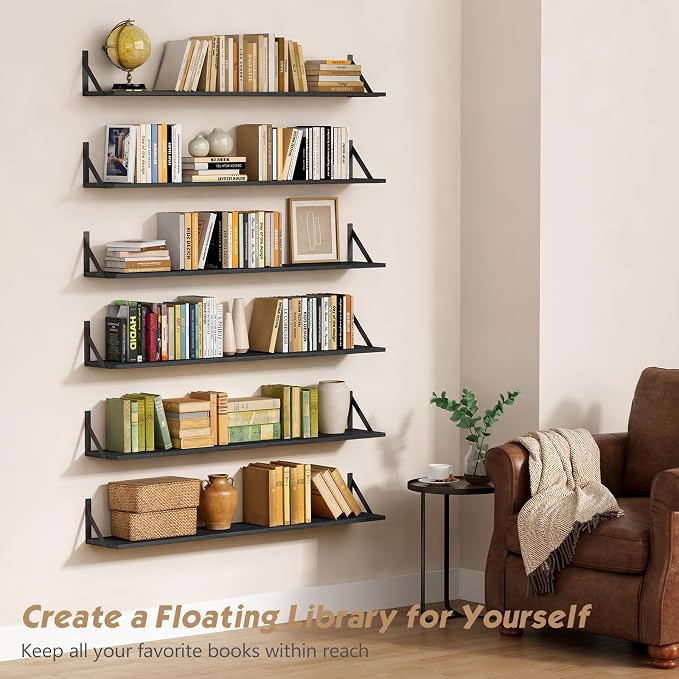 Forbena 48 Inch Long Floating Book Shelves for Wall Set of 3, Black Wall Bookshelves for Living Room, Large Heavy Duty Wood Wall Mounted Hanging Bookshelf for Bedroom Office Library Classroom