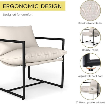 Kromax Sling Accent Chair, Set of 2, Cozy Living Room Chairs, Square Metal Frame, Upholstered Soft Cushion, Sponge, 28" x28“x32, Easy Assembly, Beige