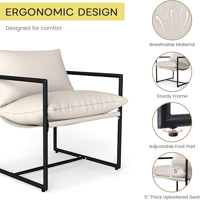 Kromax Sling Accent Chair, Cozy Living Room Chairs, Square Metal Frame, Upholstered Soft Cushion, Sponge, 28" x28“x32, Easy Assembly, Beige