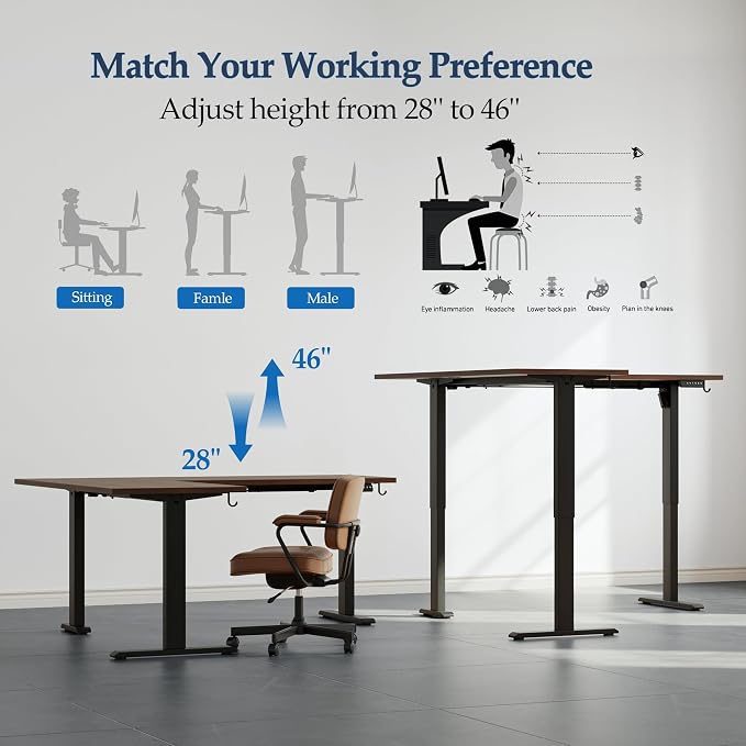 Klicelor L Shaped Standing Desk 63 x 55 Inch, Electric Height Adjustable Corner Desk for Home Office Workstation, Ergonomic Sit Stand Computer Table with Memory Controller, Dark Walnut