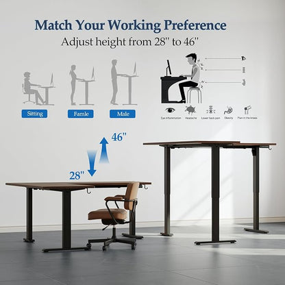 Klicelor L Shaped Standing Desk 63 x 55 Inch, Electric Height Adjustable Corner Desk for Home Office Workstation, Ergonomic Sit Stand Computer Table with Memory Controller, Dark Walnut