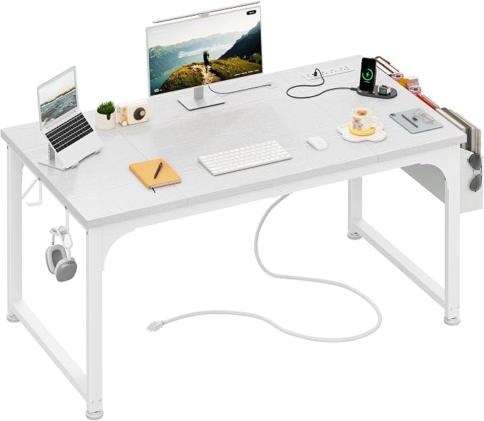 DurayLoly 47 x 24 inch Desk with RGB LED Lights & Power Outlets, Gaming Desk with Detachable Monitor Stand, 110LBS Load Capacity, Heavy Duty Small Computer Desk for Home Office, White