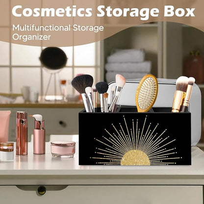 DILSJ Boho Abstract Golden Sunshine Pen Pencil Holder Organizer for Desk, Boho Office Decor, Mid Century Modern Minimalist Abstract Sunshine Wooden Box Signs for Home Office Desk Tabletop Decoration