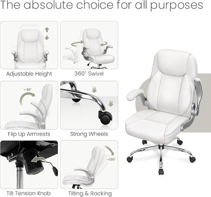 NEO Chair High Back Office Desk Chair for Computer Garming Ergonomic Executive Chair with Comfy Lumbar Support Flip-up Arms Height Adjustable Swivel (Leather White)