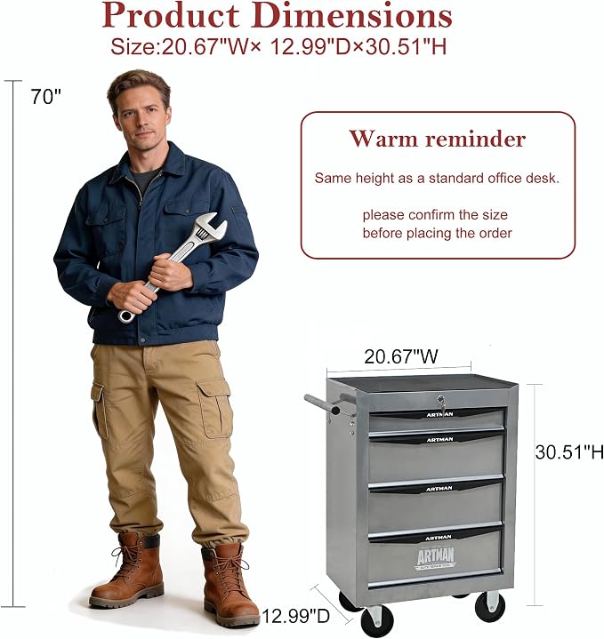 RYH 4-7 Drawers Rolling Tool Chest & Tool Box on Wheels | Heavy Duty Metal Cart with Ball Bearing Drawers | Fits US General Tool Box for Garage Storage (Silver, 4 Drawers（30.5" H × 20.9" W × 13" D)