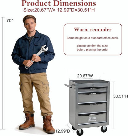 RYH 4-7 Drawers Rolling Tool Chest & Tool Box on Wheels | Heavy Duty Metal Cart with Ball Bearing Drawers | Fits US General Tool Box for Garage Storage (Silver, 4 Drawers（30.5" H × 20.9" W × 13" D)