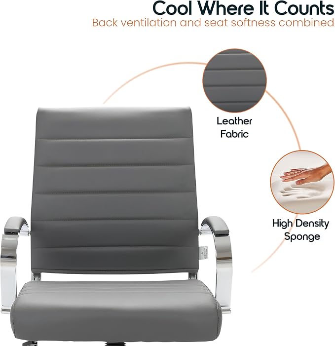 LeisureMod Benmar Leather Office Desk Chair, Mid-Back Ergonomic Swivel Chair with Lumbar Support, Adjustable Height, Tilt Lock, Cushioned Seat & Back, Home Office Task Chair (Grey, Set of 4)