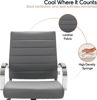 LeisureMod Benmar Leather Office Desk Chair, Mid-Back Ergonomic Swivel Chair with Lumbar Support, Adjustable Height, Tilt Lock, Cushioned Seat & Back, Home Office Task Chair (Grey, Set of 2)