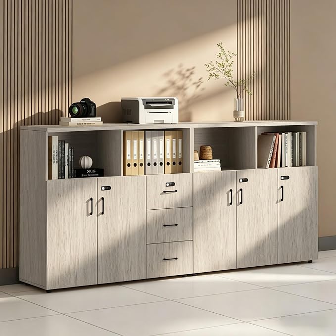 File Cabinet with Password Lock, Wood Lateral Filing Cabinet for Letter/A4 Files, 3 Drawer with Door, Printer Stand with Open Shelves for Home Office