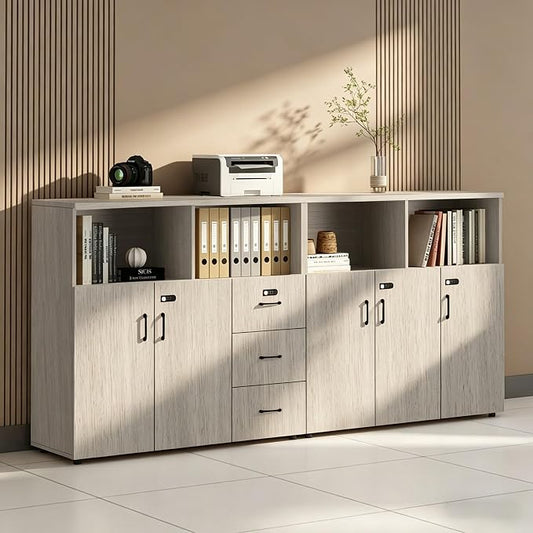 File Cabinet with Password Lock, Wood Lateral Filing Cabinet for Letter/A4 Files, 3 Drawer with Door, Printer Stand with Open Shelves for Home Office