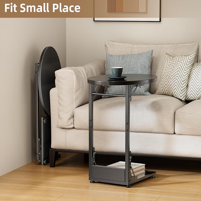 Elbourn Folding Side Table End Couch Tables, C-Shaped End Table for Living Room, Small End Table for Bedroom, Coffee Table (Black)