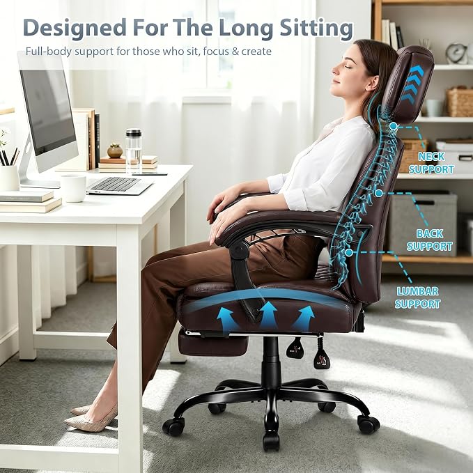 PRETZI Executive Office Chair 400LBS, Ergonomic Office Chair with Foot Rest, Heavy Duty Desk Chair for Home Office, Reclining High Back PU Leather Computer Chair Comfy, Brown