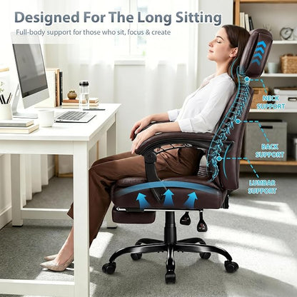 PRETZI Executive Office Chair 400LBS, Ergonomic Office Chair with Foot Rest, Heavy Duty Desk Chair for Home Office, Reclining High Back PU Leather Computer Chair Comfy, Brown