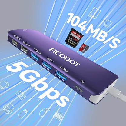 USB C Hub, 9-in-1 Multi-Port USB Adapter, 4K@60Hz HDMI, 100W Max PD, 3 USB3.0(5Gbps) + 2 USB2.0 Data Ports, SD/TF Card Reader for MacBook, iPad Pro, Dell, HP, Lenovo, Windows Laptop, Purple