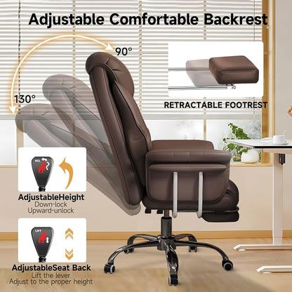 Big and Tall Office Chair 550 lbs Extra Wide Leather Executive Chair with Retractable Footrest, Heavy-Duty Ergonomic Chair, Adjustable Height Computer Gaming Chairs