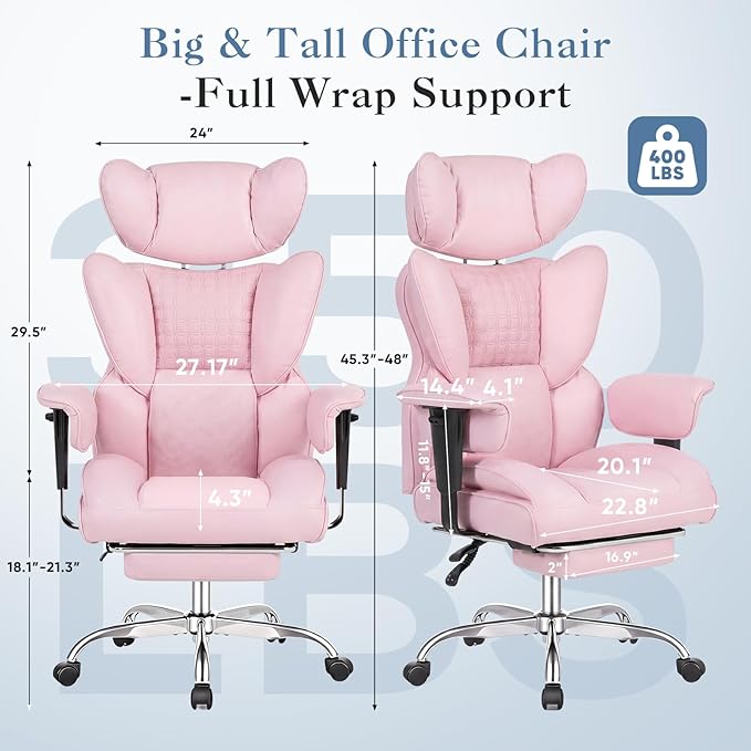 DUMOS Big and Tall Home Office Desk Chair, Ergonomic Executive Chair with Footrest, Computer Gaming Chairs with High Back Reclining, Adjustable Armrests and Comfy Lumbar Support, PU Leather, Pink