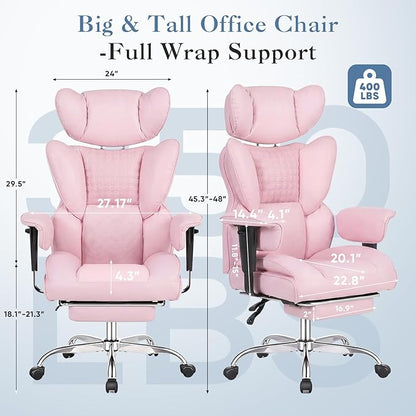 DUMOS Big and Tall Home Office Desk Chair, Ergonomic Executive Chair with Footrest, Computer Gaming Chairs with High Back Reclining, Adjustable Armrests and Comfy Lumbar Support, PU Leather, Pink
