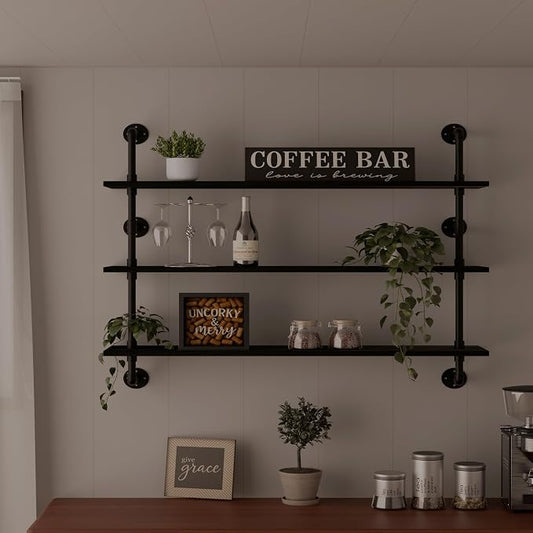 HDDFER Industrial Pipe Shelving Rustic Black Wall Shelves with Wood Planks Industrial Floating Shelves 48 Inch 3 Tier Farmhouse Bookshelf Pipe Shelves Wall Mounted,Open Shelving For living room/office