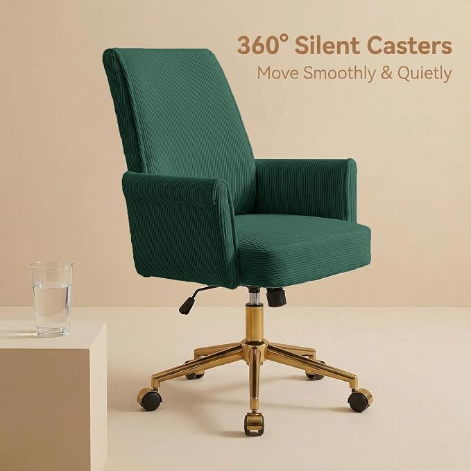 Stripes Velvet Home Office Desk Chair, Accent Upholstered Modern Height Adjustable Swivel Chair with Wheels,Ergonomic Task Chair for Living Room,Bedroom,Vanity,Study,Office（Green）