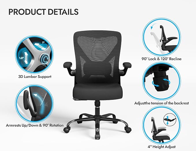 Ergonomic Office Chair - X-Shaped Computer Desk Chairs Comfy, Mesh High-Back Gaming Chair with Adjustable Lumbar Support, Executive Task Chair for Adults, Comfortable for Long Hours, Black, Pack of 3