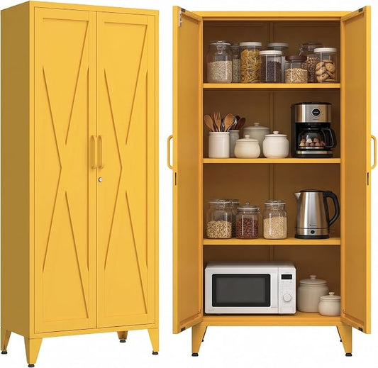 61" Metal Pantry Cabinet with Lock and 3-Tier Adjustable Shelves, Freestanding Heavy Duty Storage Cabinet Locker for Kitchen, Home Office, Garage Yellow