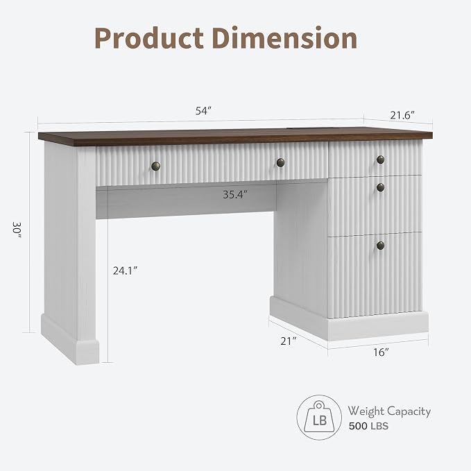 Garvee Fluted Home Office Desk with File Drawer, 54" Modern Executive Desk with Charging Station, Wooden Computer Writing Desk for Home Office, Study Room, White