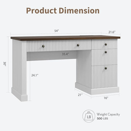 Garvee Fluted Home Office Desk with File Drawer, 54" Modern Executive Desk with Charging Station, Wooden Computer Writing Desk for Home Office, Study Room, White