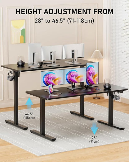 55" Electric Standing Desk Adjustable Height, Sit Stand up Desk for Home Office & Computer Workstation, 2 Memory Height Settings, Splice Board, 2 Hooks, Black Frame/Black Top