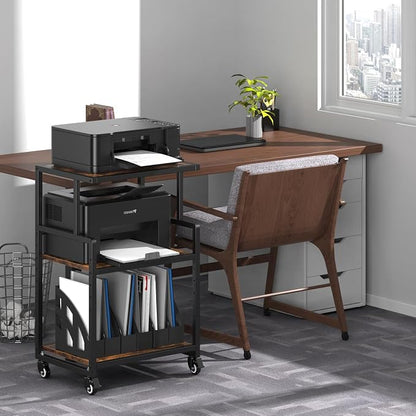 21.3 x 15.7 Inch Printer Stand, 5-Adjustable Heights 3 Tier Printer Cart with Wheels, Mobile Printer Table for Home Office for Storage Heat Press Scanner Fax, Rustic Brown