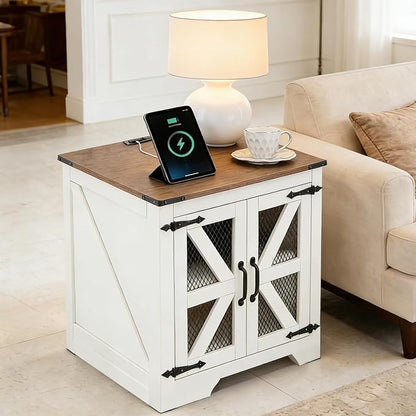 Farmhouse End Table Set with Charging Station Set of 2, Living Room Tables with Hidden Storage, Wood Square Sofa Bedside Tables, Night Stand with Power Outlet and Door, White