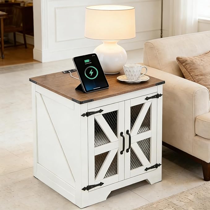 Farmhouse End Table Set with Charging Station, Living Room Tables with Hidden Storage, Wood Square Sofa Bedside Tables, Night Stand with Power Outlet and Door, White