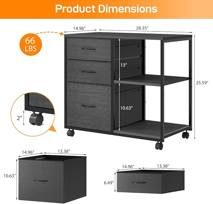 VINGLI 3 Drawer File Cabinet with Wheels Under Desk Printer Stand, Rolling File Cabinet with Shelves Adjustable, Mobile Lateral Filing Cabinet for Home Office, Fits Letter Size, Black