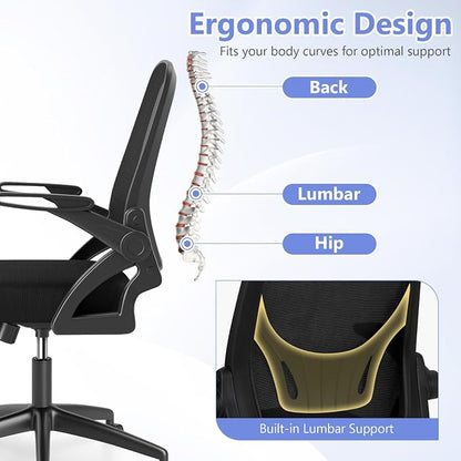 Giantex Mesh Office Chair, Ergonomic Desk Chair with Flip-up Arms & Lumbar Support, Height Adjustable Swivel Computer Desk with High Back for Home Office (Black)