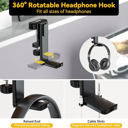 KDD 4 in 1 Desk Cup Holder - Clamp on Under Desk Headphone Hanger - Rotating Headphone Holder Detachable Pen Cup Holder Desktop Storage for Cup, Phone and Pen(Black)
